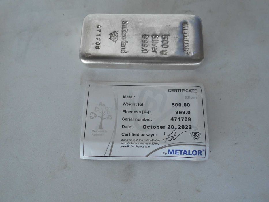 Barra de Prata Metalor de 500 gr.