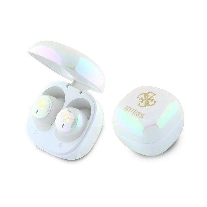 Guess słuchawki Bluetooth GUTWSJ144ESH   TWS + stacja dokująca biały/white Iridescent 4G Printed Logo