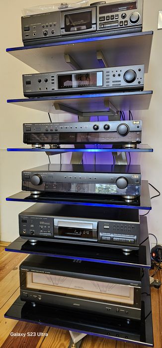 Technics-wzm.dwudzielony, zestaw audio, deck RS-A7, wieża 6-el.,4 piloty-bdb.stan
