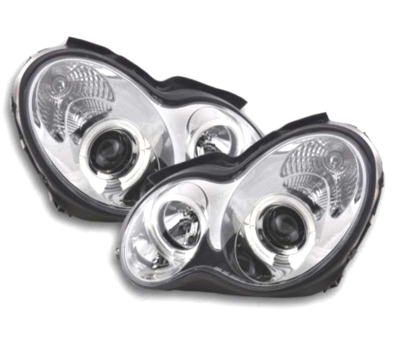 FARÓIS ANGEL EYES CCFL MERCEDES C W203 00-07 FUNDO CROMADO