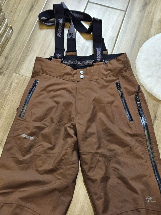 Bergans brązowe spodnie narciarskie XS/S szelki zimowe