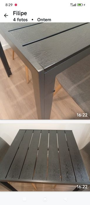 Mesa quadrada metal e 2 cadeiras em tecido cinzento
