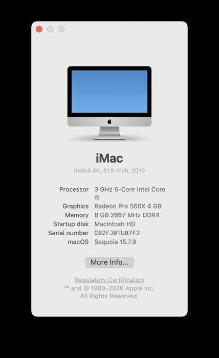 Apple iMac 21,5" 4K Retina — Intel Core i5 / 8 GB RAM / 256 GB SSD / Radeon Pro 560X 4 GB