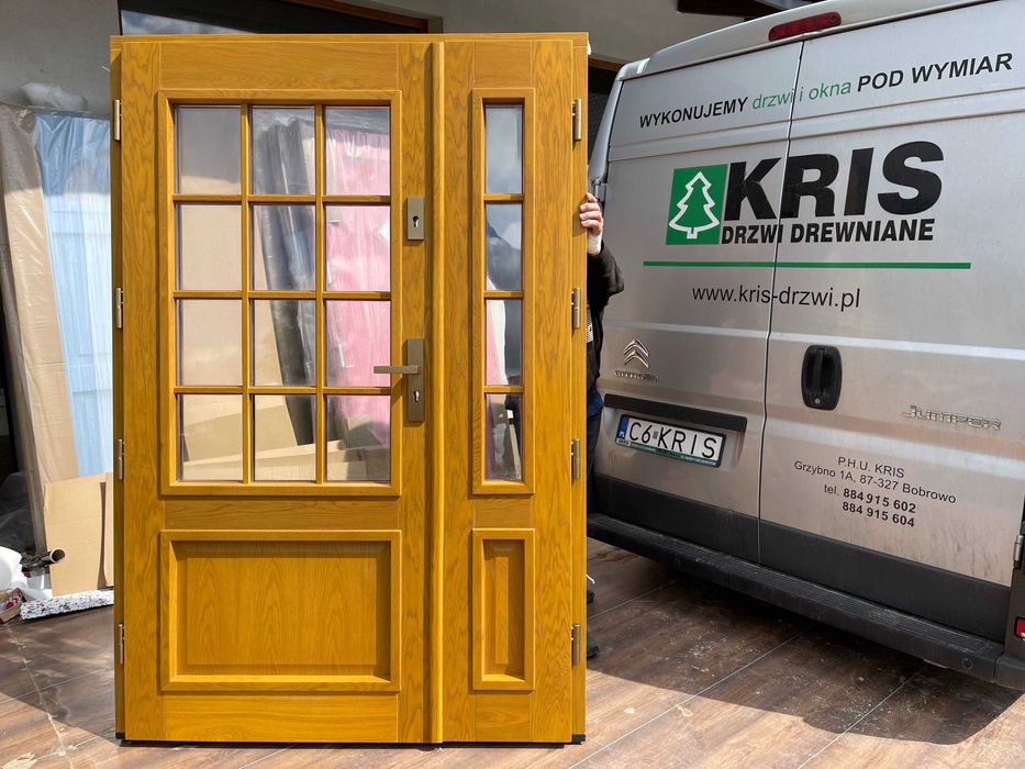 Drzwi zewnętrzne drewniane dwuskrzydłowe dębowe Na każdy wymiarMONTAŻ