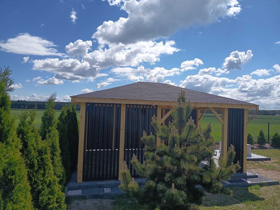 Nowoczesna altana 4x6 m, lamele, gont bitumiczny - producent