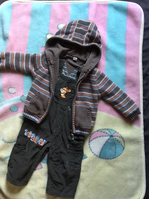 Bardzo ciepły sweter bluza rozpinana polar spodnie ogrodniczki 80