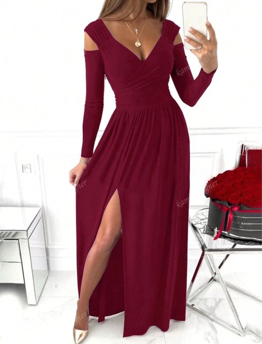 Sukienka damska długa maxi burgundowa bordowa długi rękaw studniówka S