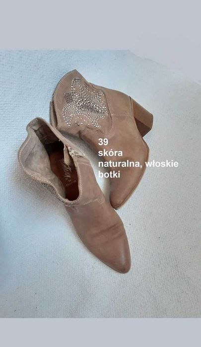 Botki damskie rozm 39 całe skóra naturalna styl włoski lekkie kowbojki ciemny beż miękkie zapinane na zamek