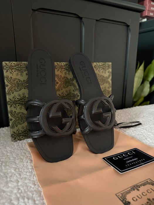 Klapki Gucci nowe czarne box Logo top 38