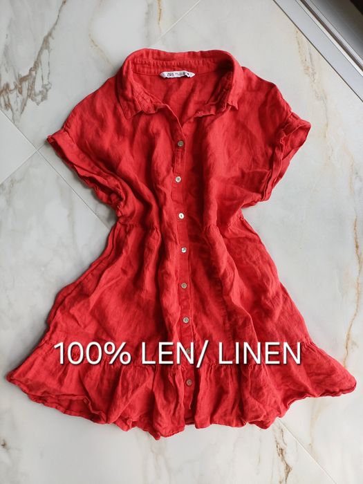Zara lniana sukienka czerwona 100% len krótka letnia zwiewna luźna oversize M 38