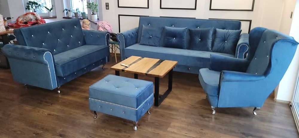 Sofa rozkładana Komplet 2 i 3 osobowa Fotel Uszak podnóżek Glamour