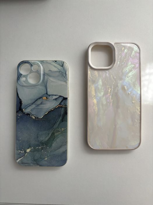 Case etui iPhone 14 biały perłowy i niebieski marmurowy