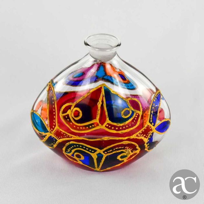 Frasco perfume vidro de Murano, pintado à mão, rolha em forma de flor