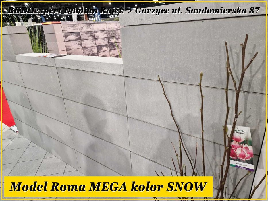 Nowoczesny bloczek XXL na ogrodzenie Joniec Roma MEGA 75 SNOW od ręki