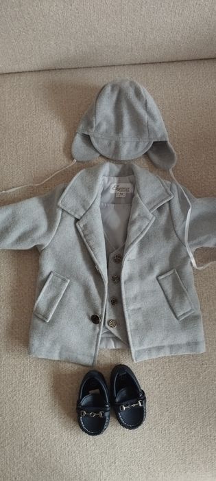 Zestaw do chrztu 74 - płaszczyk, kamizelka, czapeczka, buciki