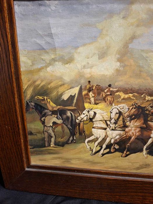 Obraz olejny na płótnie – jarmark koński, konie – drewniana rama 65×43 cm