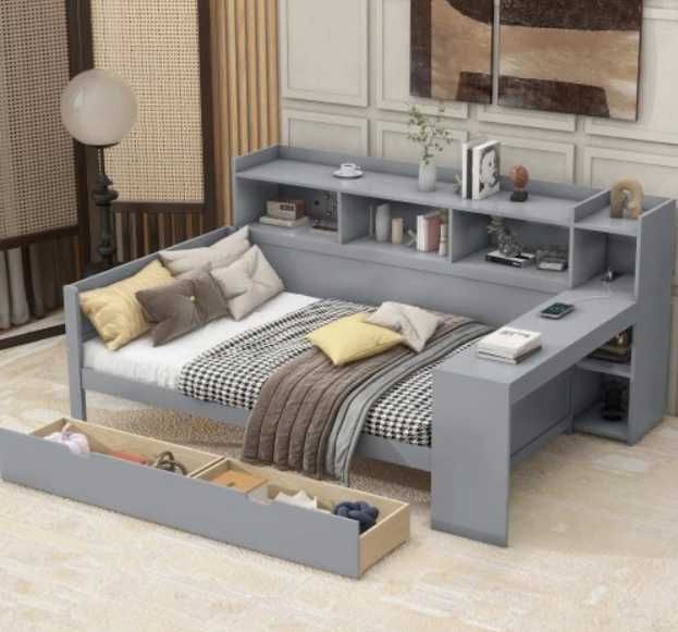 Sofa z łóżkiem pojedyncze - 2 szuflady biurko/półka Gniazdo USB szare