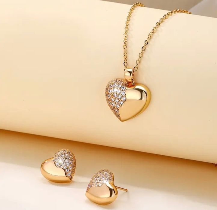 Złoty Zestaw biżuterii Serca Prezent Walentynki Urodziny Dzień Kobiet