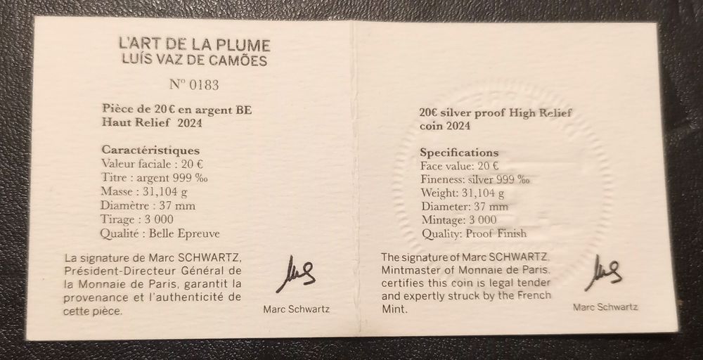 Moeda de prata 20€ - Camões (França)
