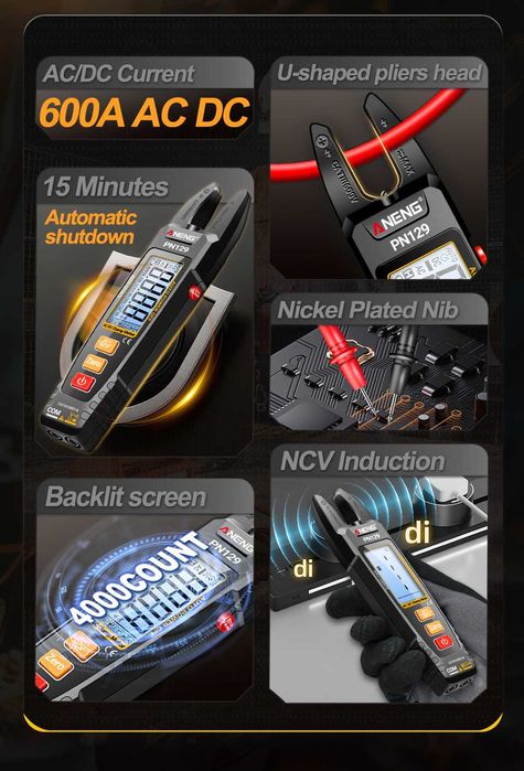 Клещи токовые мультиметр ANENG PN129 AC/DC 100A, 600V, бесконтакт NCV