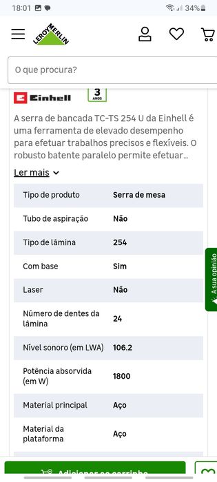 Serra de mesa EINHELL  com bancada 1800 W 254 mm Einhell TC-TS 254 U