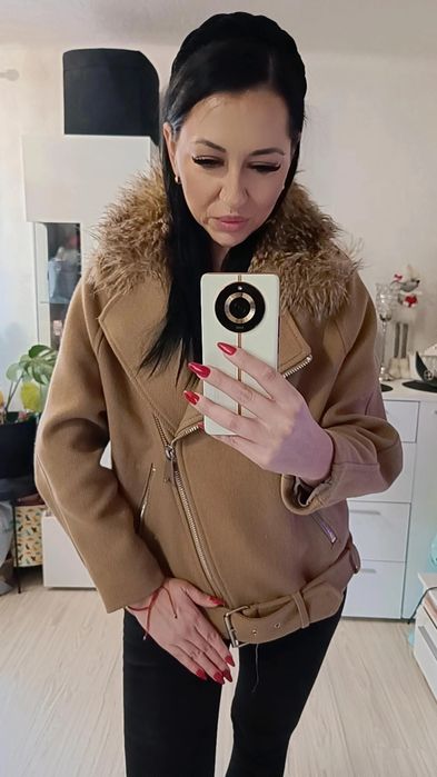 Kurtka biker motocyklowa Wełna H&M Hit L beż camel