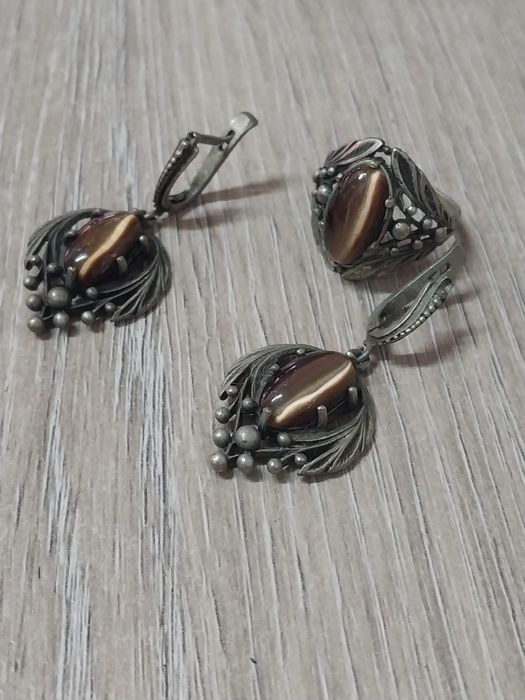 Серьги и кольцо камень Тигровый глаз