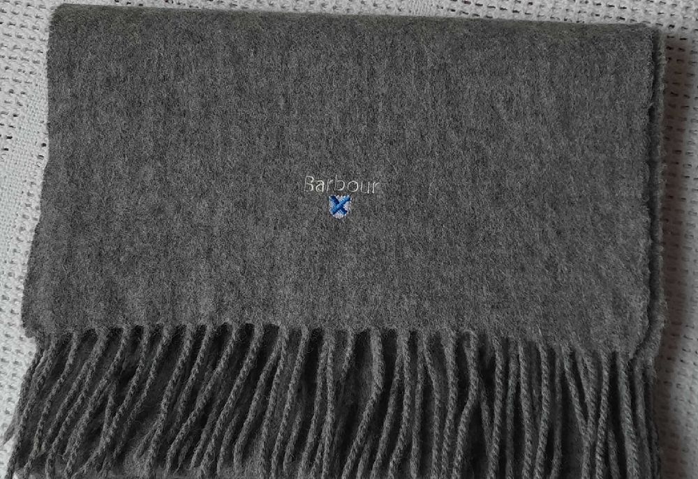 Barbour 100% Wełna szary szal frędzle wełniany męski damski Uniseks