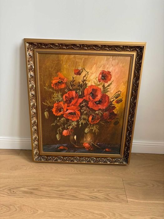 Obraz maki olejny 60x50 w ramie zdobionej
