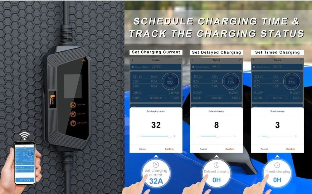 FEYREE 32A 7kW Type 1 Wi-Fi друга версія  зарядка для електромобіля J1772 Type 1 | Регулювання 6-32A | Таймер | IP66 | Кабель 5м