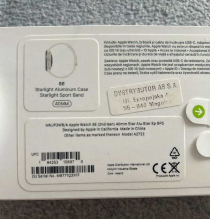Apple watch SE  2 gen 40 mm starlight księżycowa  poswiata
