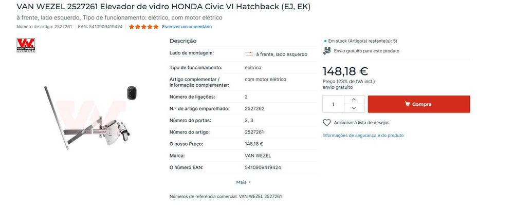 Elevador de vidro HONDA Civic VI Hatchback (EJ, EK)