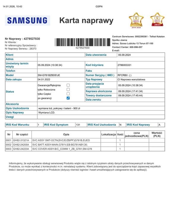 Samsung Galaxy S20 FE 5G, SM-G781B, gwarancja