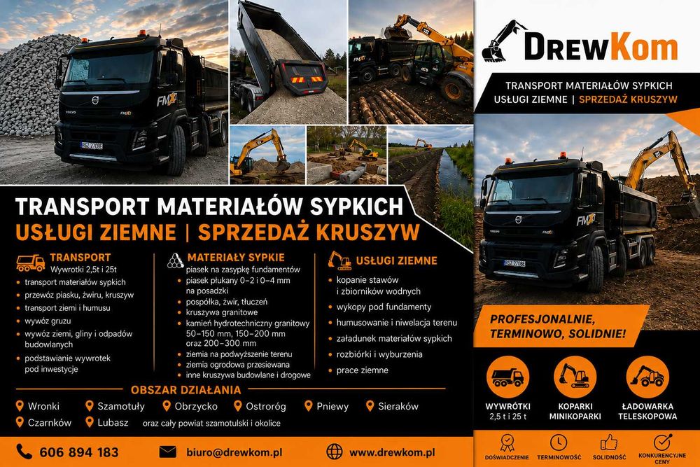 Transport materiałów sypkich Wronki | Wywrotka | 4ośka | Koparka | Minikoparka | Ładowarka teleskopowa | Kruszywa granitowe i budowlane | tłuczeń