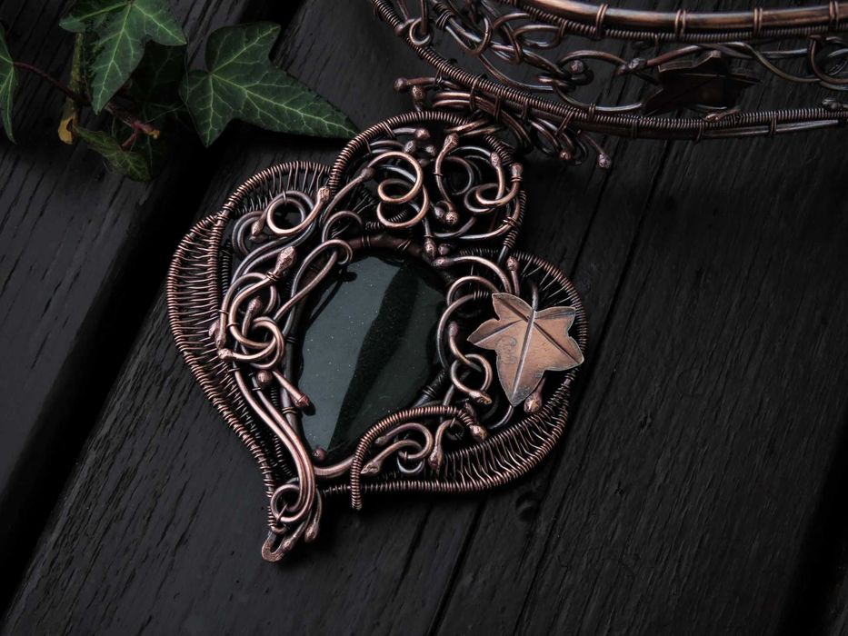 Unikatowa miedziana obroża, bluszcz, awenturyn, rękodzieło