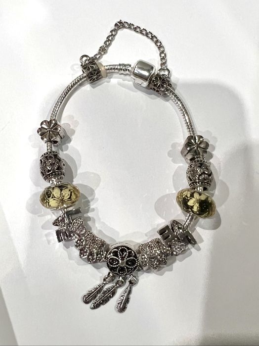 Posrebrzana bransoletka z charmsami, styl Pandora, nowa