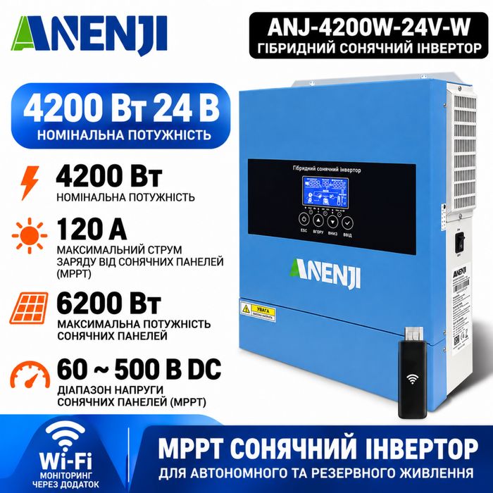 Гібридний інвертор ANENJI 4200W 24V WiFi MPPT 120A чистий синус