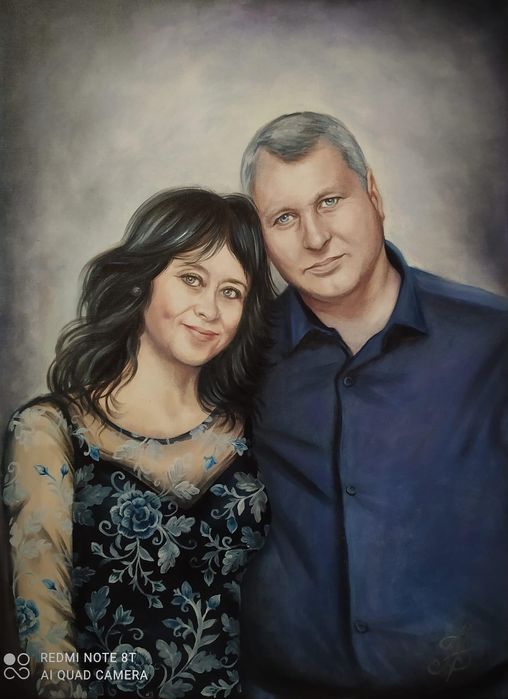 Karykatura ze zdjęcia. Obraz olejny na plótnie.Portret.