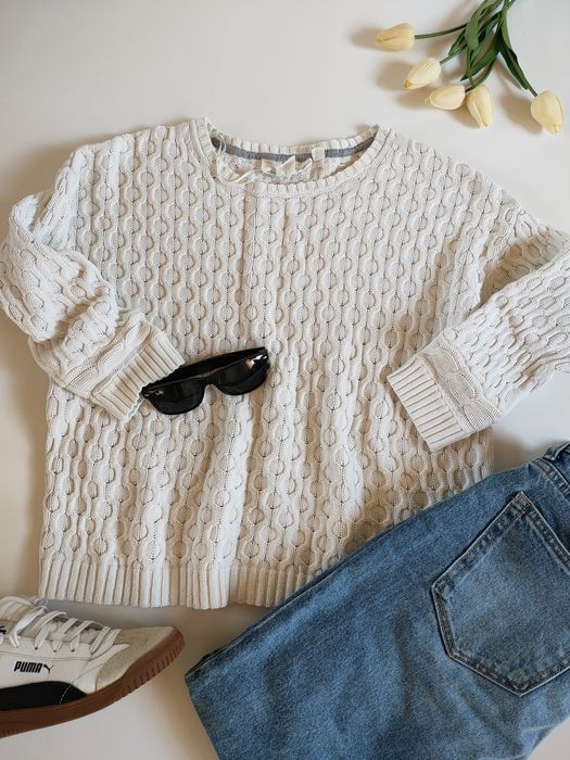 Biały lekki bawełniany sweter sweterek damski H&M 34 36