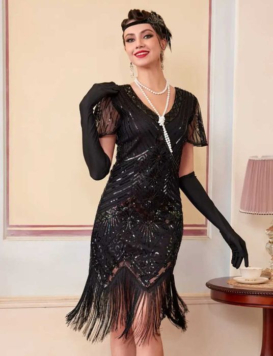 Elegancka sukienka lata 20 RETRO Gatsby cekiny, r. L karnawał wesele Sylwester