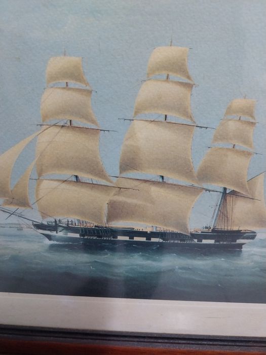 Quadro com gravura inglesa com embarcaçao.