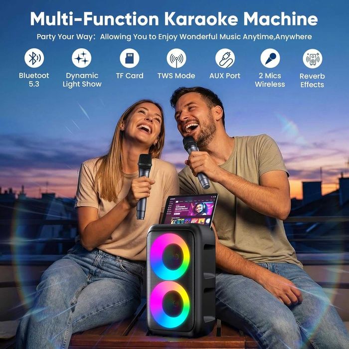 Maszyna do karaoke T-08, 2 mikrofony w zestawie, Bluetooth, LED, Impreza