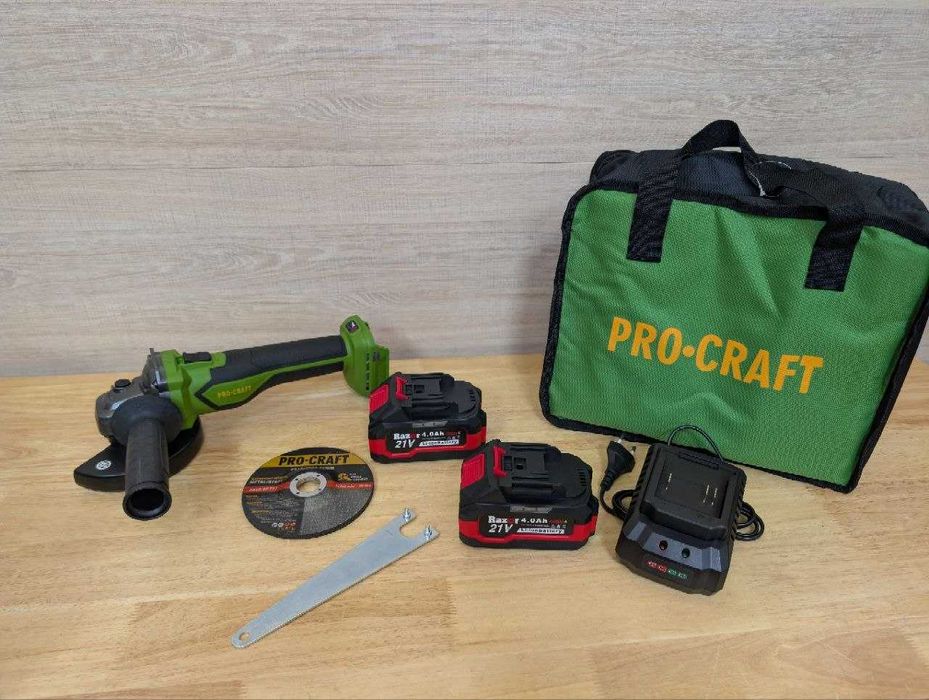 Безщіткова болгарка Procraft 20V | 125 мм, 2 АКБ Razor High 4Ah, зарядний пристрій + Сумка для інструментів