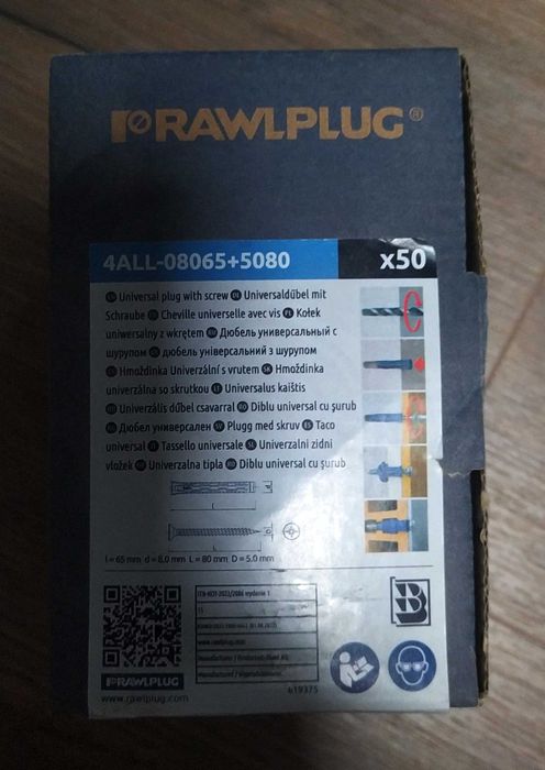 Kołek Uniwersalny 8x65 z Wkrętem 5x80 50 szt  Rawlplug 4ALL