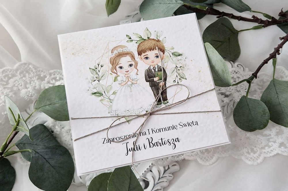zaproszenia handmade personalizowane na I Komunię św. dla bliźniąt