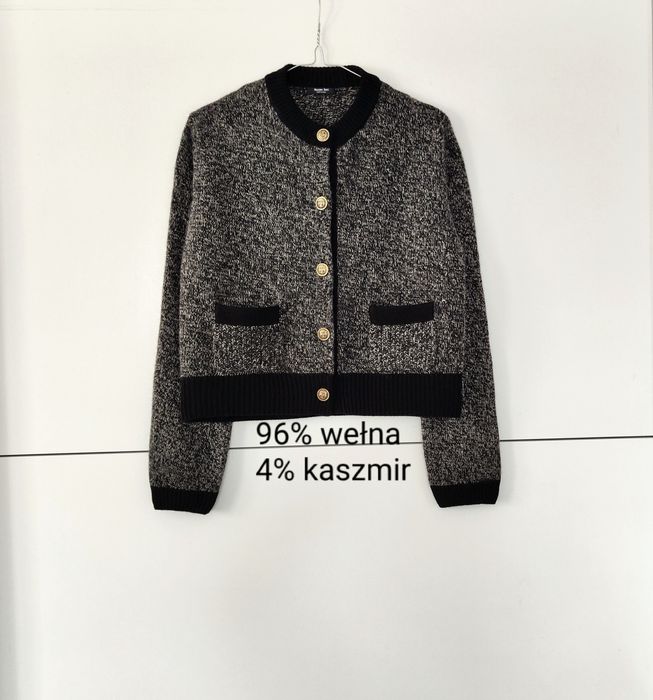Kardigan Massimo dutti 34 XS czarny biały wełniany kaszmirowy złote guziki