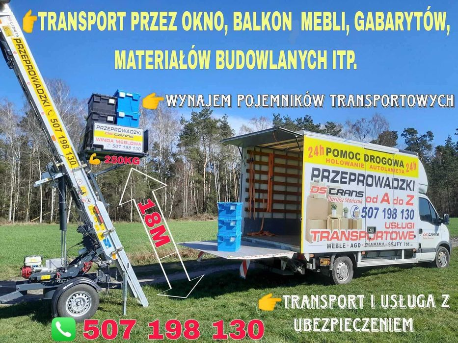 Przeprowadzki Schodołaz Winda Meblowa Tragarze Wnosimy Znosimy Wwozimy Zwozimy Piece Pianina Sejfy Xera Transport Bus z Windą Pojemniki transportowe