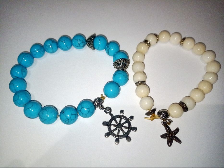 Браслет с натурального камня, бирюза,белый агат