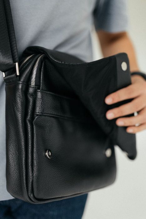 Шкіряна чоловіча сумка, чорна сумка на плече, барсетка зі шкіри