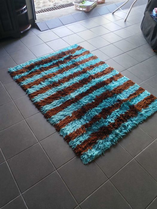 Tapete Azul com Riscas Castanhas 130x157 cm